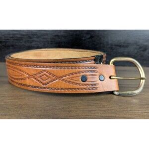 Tooled Top Grain Leather Belt 38 1.5 Inch Western Diamond Rope Pattern Made USA